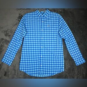 VINEYARD VINES Boys Medium (12/14) Blue Plaid Performance Long Sleeve Button Up